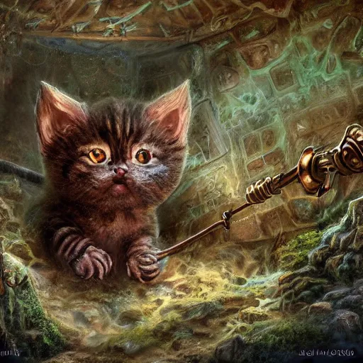 Image similar to rescue from the underworld, shadows of the past, The Mekanik Doll, chubby moss kitten, by jeff easley and Dylan Kowalski, highly detailed, digital painting, HDRI, by vivid colors, high contrast, 8k resolution, intricate, beautiful and thematically complex, smooth