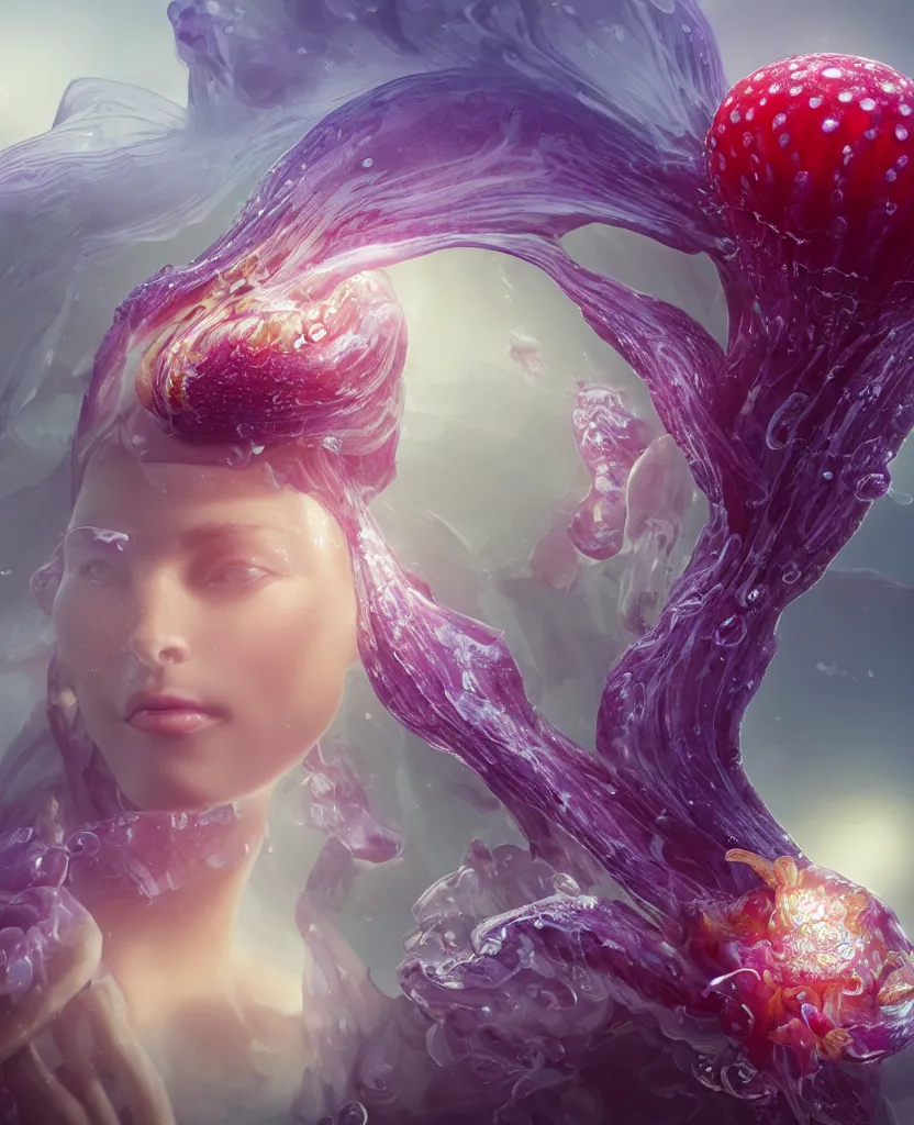 Prompt: 3 d head shot portrait of the face of a beautiful princess, giant orchid flower, depth of field, high contrast and sharpness, jellyfish face skull phoenix bird, translucent, nautilus, smoke and water energy flow. highly detailed, epic. octane render, excellent composition, by wlop, tooth wu, greg rutkowski, beeple