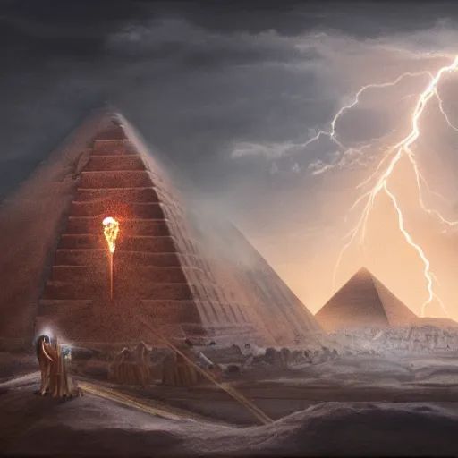 Image similar to Helios muscular god, red fire eyes, guarding the pyramid of Cheops, dessert, ancient world, realistic, god, dramatic lightning, very detailed, concept art,