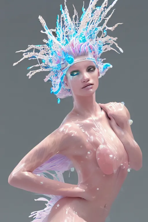 Image similar to an epic puerto rican model, subject made of white melting porcelain, mesh headdress, chrome mask, flowing dress, with cerulean and pastel pink bubbles bursting out, delicate, beautiful, intricate, melting into vulpix, houdini sidefx, by jeremy mann and ilya kuvshinov, jamie hewlett and ayami kojima, bold 3 d