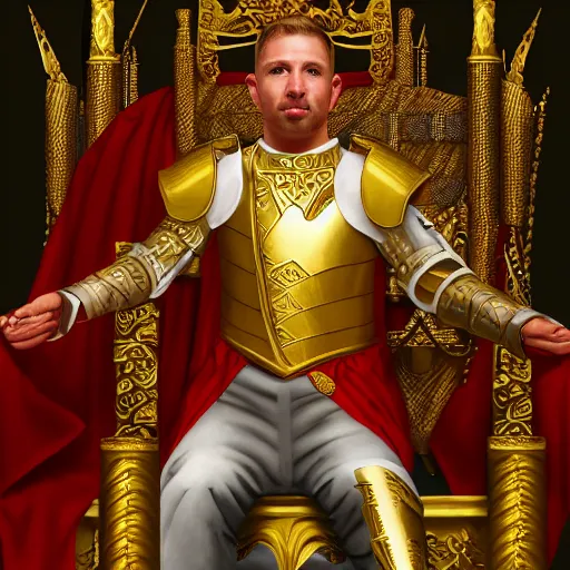 Image similar to modern self portrait of man sitting on throne, legs crossed, while holding a sword, white man, hispanic, brown hair, light skin, golden throne, red robes, 8 k, hi - rez, circles, lamented, clear, brown eyes, colored, sharp, realistic, 3 d