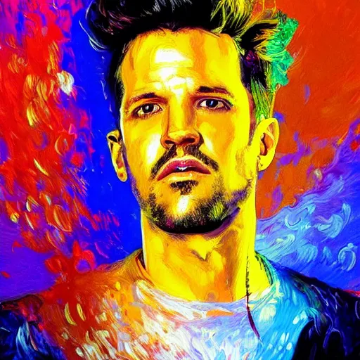 Prompt: Brandon Flowers channeling electric energy, impressionism, bright vivid colors, by Greg Rutkowksi and Ilya Repin