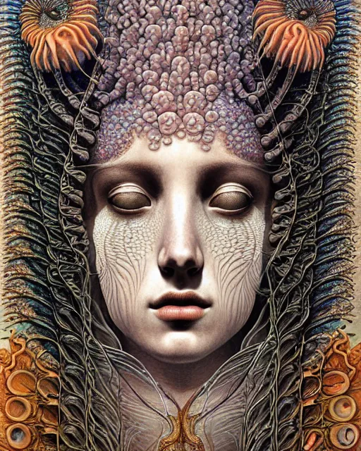 Prompt: realistic detailed underwater face portrait of the beautiful young goddess of the fish of the three lights with an intricate headdress of corals, sea kelp, sea plants, fish, jellyfish, art by ernst haeckel, h. r. giger, zdzisław beksinski, gustav klimt, gothic, neo - gothic, hyper - ornamental,