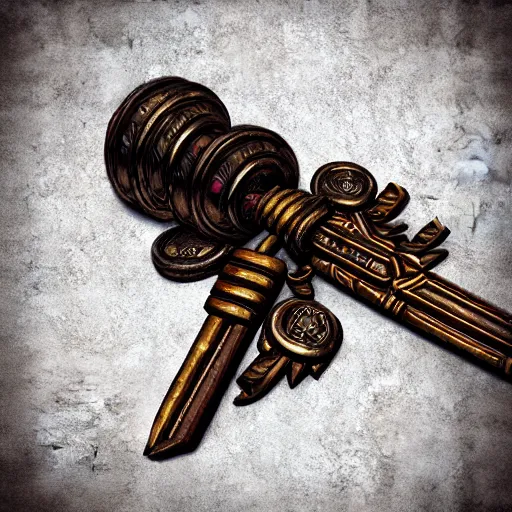 Image similar to a stylised old wooden colorful metal key, key is on the center of image, rpg game inventory item, rim light, outer glow, on the white background, high poly vray, stylised textures, trending on artstation