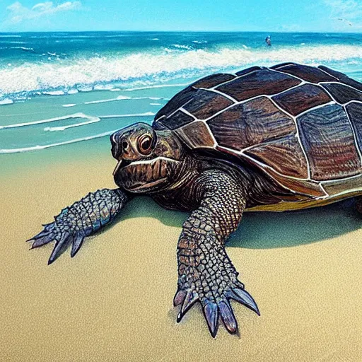 Image similar to large cute adorable snapping turtles walking on the beach in maui, hyper realistic painted by greg rutkowski, unreal engine