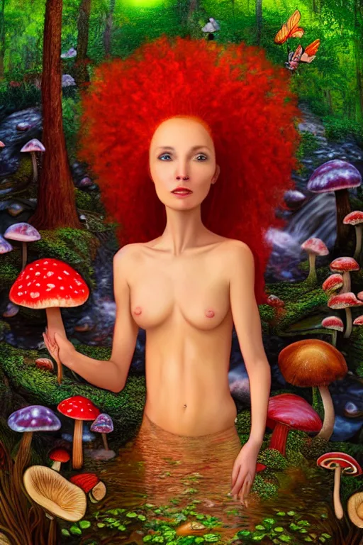 Prompt: a realistic portrait of a beautiful red haired mushroom goddess, standing in a waterfall, in an enchanted psychedelic mushroom forest, eating a mushroom, butterflies, sunbeams, at sunset, wlop