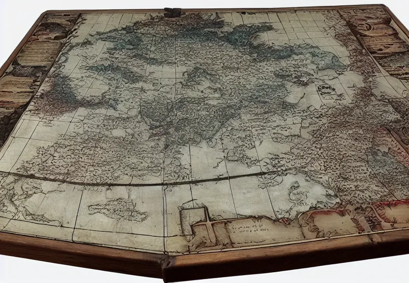 Image similar to “ king’s medieval war tactic table with a map on it, unfinished borders, 4k, 3D, view from the side”