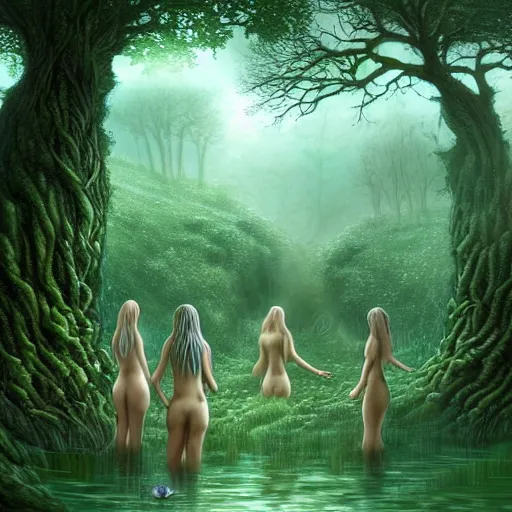 Prompt: beautiful digital fantasy illustration of A woody green field with a stream running through it, with a group of dryad women standing in the water. They seem to be preparing to submerge themselves in the cool, clear waters of the stream. a creepy creature standing in front of a mirror!, concept art by Alex Horley-Orlandelli!!, cgsociety contest winner!!!, cgsociety, fantasy art, highly detailed, soft lighting, rendered in octane, masterpiece, very very very aesthetic