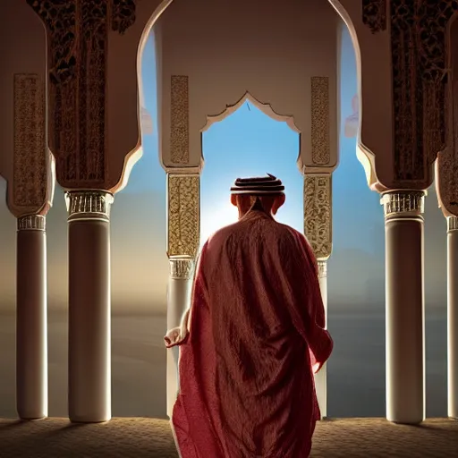 Prompt: a man in traditional Arabian costume overlooking his empire, cinematic, hyper realistic, soft lighting, intricate details, stunning