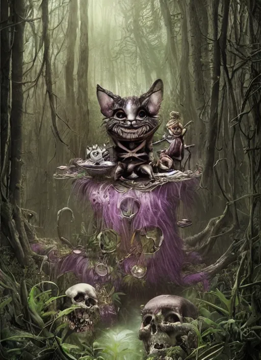 Image similar to Alice meets the Cheshire Cat in the forest, death tarot card,highly detailed,half skull face,cinematic,8k,by Stanley Artgermm,Tom Bagshaw,Greg Rutkowski,Carne Griffiths, Ayami Kojima, Beksinski, Giger,trending on DeviantArt,hyper detailed,horror, full of colour