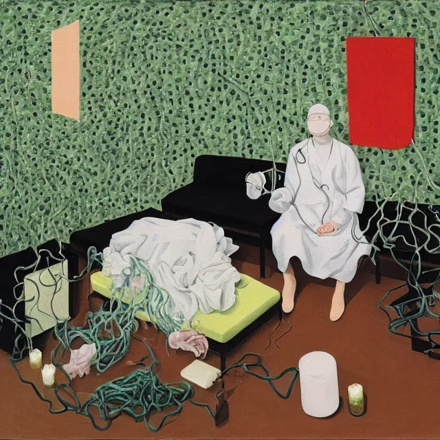 Image similar to a female pathology student in her apartment, wrapped in vines, medical equipment, candles, octopus, first aid kit, pig, black walls, ikebana, black armchair, sculpture, acrylic on canvas, surrealist, by magritte and monet