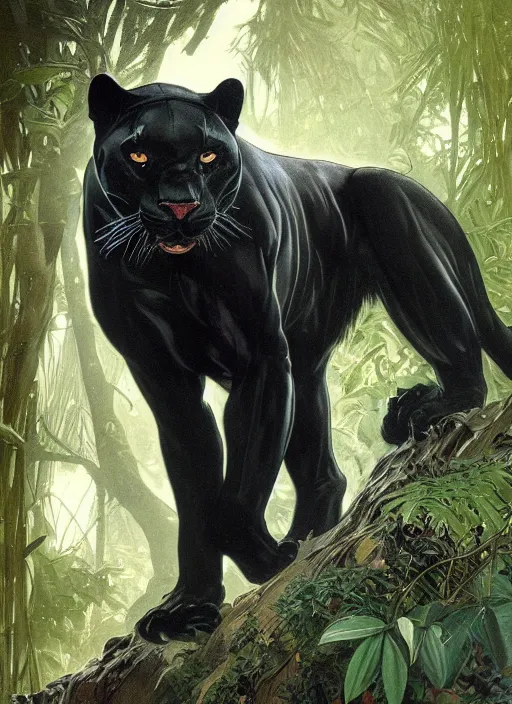 Image similar to animal concept of a black panther melanistic deep black leopard walking on a lush intricate tree, accurately portrayed, portrait art by alphonse mucha and greg rutkowski, highly detailed, digital painting, concept art, illustration, dim lighting with twilight rays of sunlight, trending on artstation, very detailed, smooth, sharp focus, octane render, close up