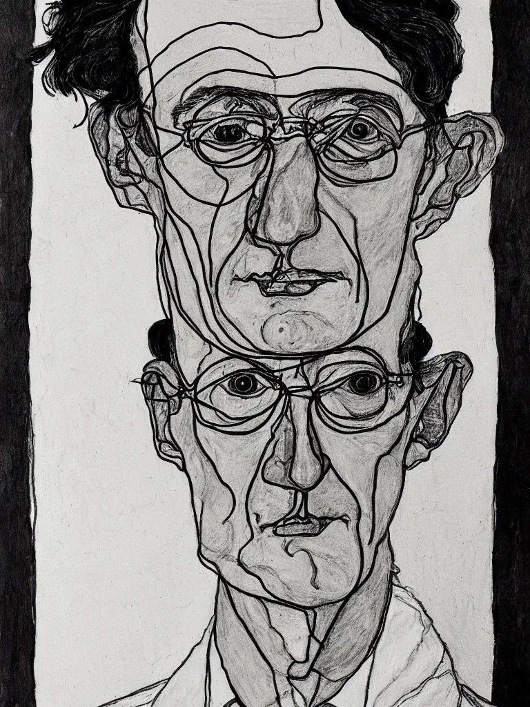 Prompt: a detailed line art portrait of writer hermann hesse, inspired by the work of egon schiele.