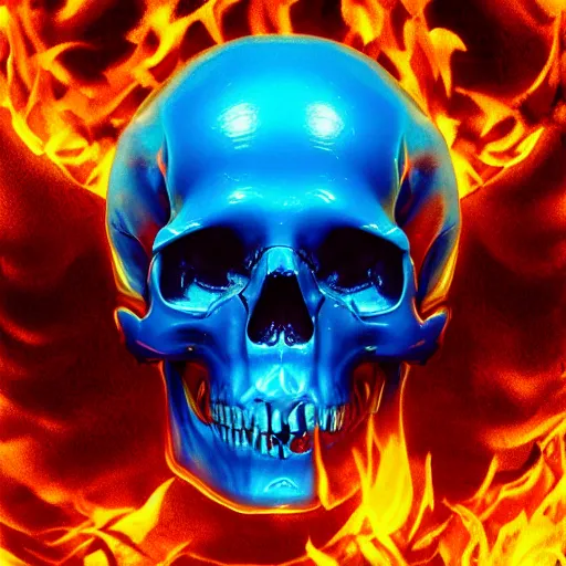 Image similar to a highly detailed human skull covered with intricate designs with fire for eyes on fire in front of a neon blue background, 3 d, depth of field, colorful, octane render, symmetrical, hyper realism, highly detailed, digital art, artstation, concept art, cinematic lighting, trending