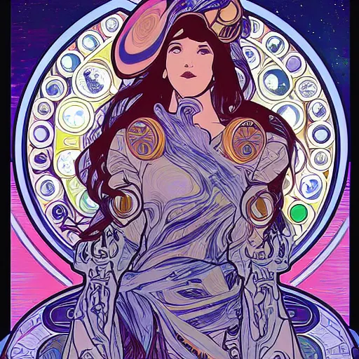 Prompt: spaceships seeding the galaxy with ai art prompts in the style of alphonso mucha