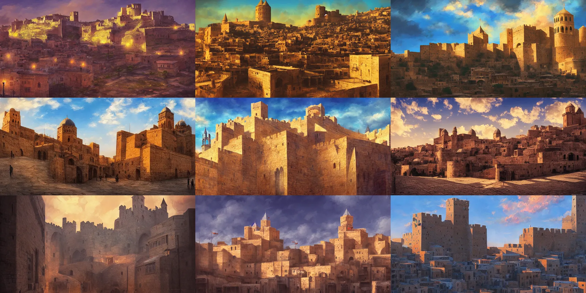 Prompt: mardin old town castle, digital oil painting, colorful, high contrast, clear sky, volumetric lighting, atmospheric, ghibli, deviantart, cgsociety, artstation, fujifilm