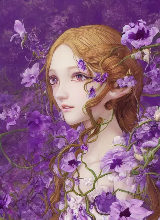 Prompt: elf girl wearing an flower suit, soft hair. light color palate, purple, yellow and white. detailed soft painting, ayami kojima, made in abyss, anatomically correct, ilya kuvshinov, inspired in balthus, high detailed face anime, vogue magazine, glorious composition, mobile wallpaper