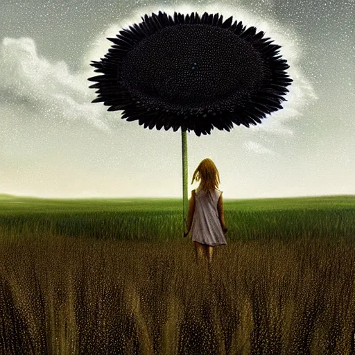 Image similar to giant black daisy flower head, girl walking in wheat field, hills, surreal photography, dark night, star trails, dramatic light, impressionist painting, clouds, digital painting, artstation, simon stalenhag