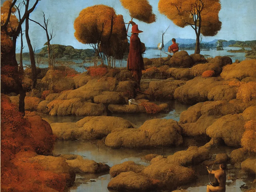 Image similar to Portrait of a painter washing his brush in a river. Humanoid rocks, coral-like pebbles, autumn light. Painting by Jan van Eyck, Roger Dean, Beksinski, Piero della Francesca