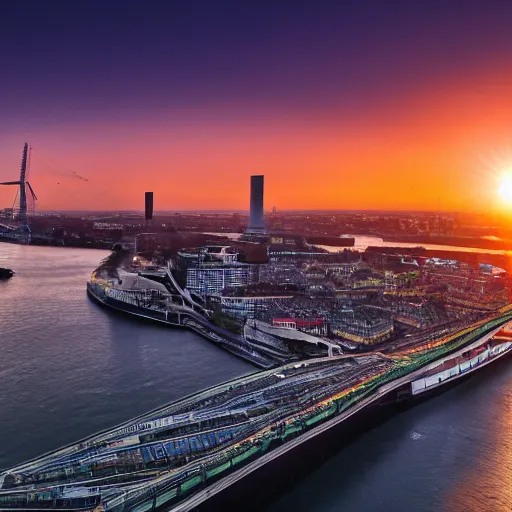 Image similar to award winning photograph of sunrise over rotterdam