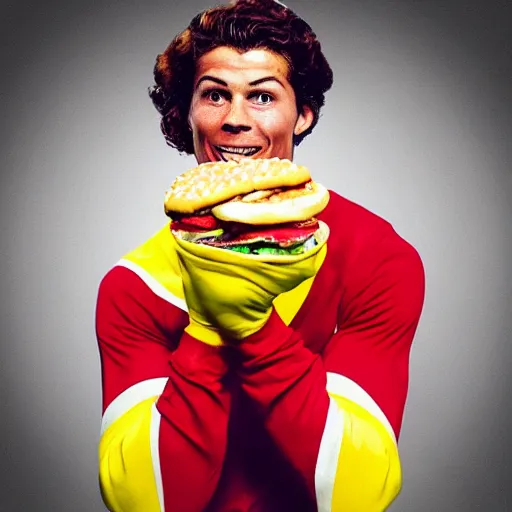 Prompt: Christiano Ronaldo as Ronald McDonald eating a hamburger