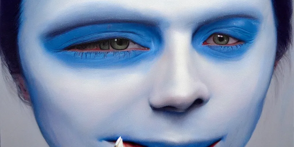 Prompt: with malice, your blue skin, with malice, your blue eyes, with malice, your, white smile with malice, your whole body, at last, with malice, with malice, will it be when i stay awake thinking of her, does she think a little about me? painting by gottfried helnwein david normal masterpiece pablo amaringo