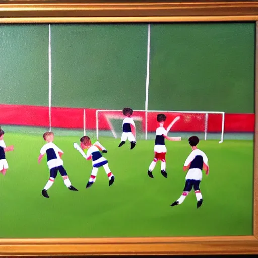 Prompt: painting of soccer game played by cows