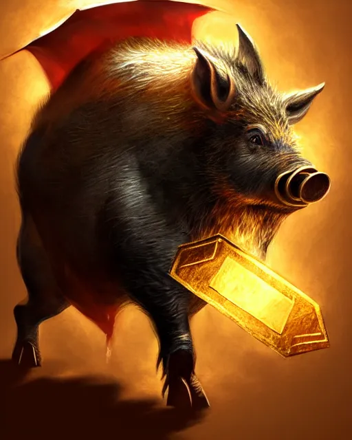 Image similar to Boar Mercenary holding gold bag, medium shot, fear, D&D, artstation, fantasy, magic the gathering artwork, cinematic lighting, centered, symmetrical, highly detailed, digital painting, , concept art, smooth, sharp focus, illustration, volumetric lighting, epic Composition, 8k, art by Akihiko Yoshida and Greg Rutkowski and Craig Mullins, oil painting, cgsociety