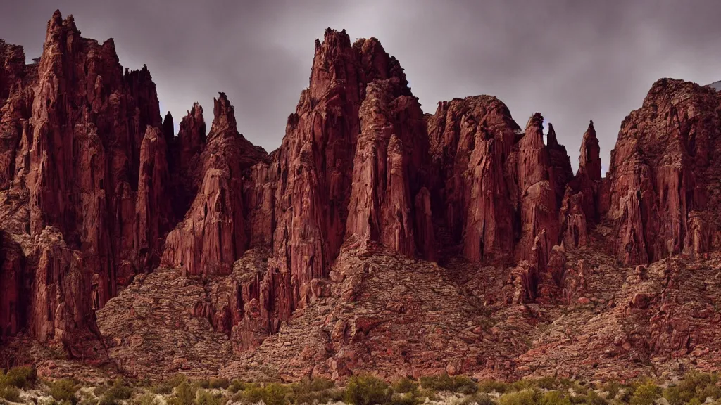 Image similar to an atmospheric film still by Christopher Nolan with a huge towering dark gothic cathedral carved out of rock at the top of a red rock canyon