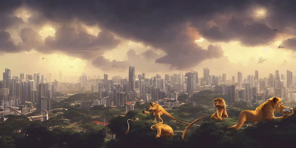 Image similar to Singapore city with a lion-shaped cloud in the sky and a squadron of chinooks flying in the sky, by greg rutkowski, red and white lighting, digital art, ultra realistic, ultra detailed, photorealistic, 4k, character concept