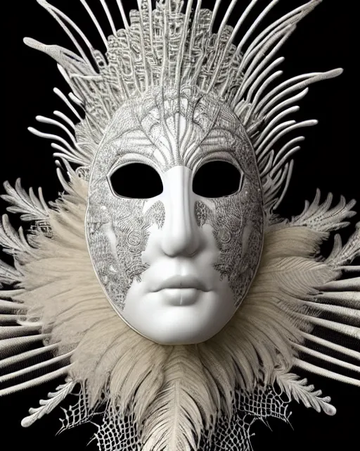 Prompt: bw close - up theatrical mask, beautiful porcelain intricate bio - mechanical vegetal - cyborg, white metallic armour, white peacock feathers, roots, fine mandelbrot fractal lace, 1 5 0 mm, soft rim light, elegant, hyper real, ultra detailed, octane render, hg giger, 1 6 k