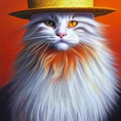 Prompt: Beatiful Oil painting of an orange Maine-coon with a white beard. wearing a wide-brimmed straw white sombrero sombrero