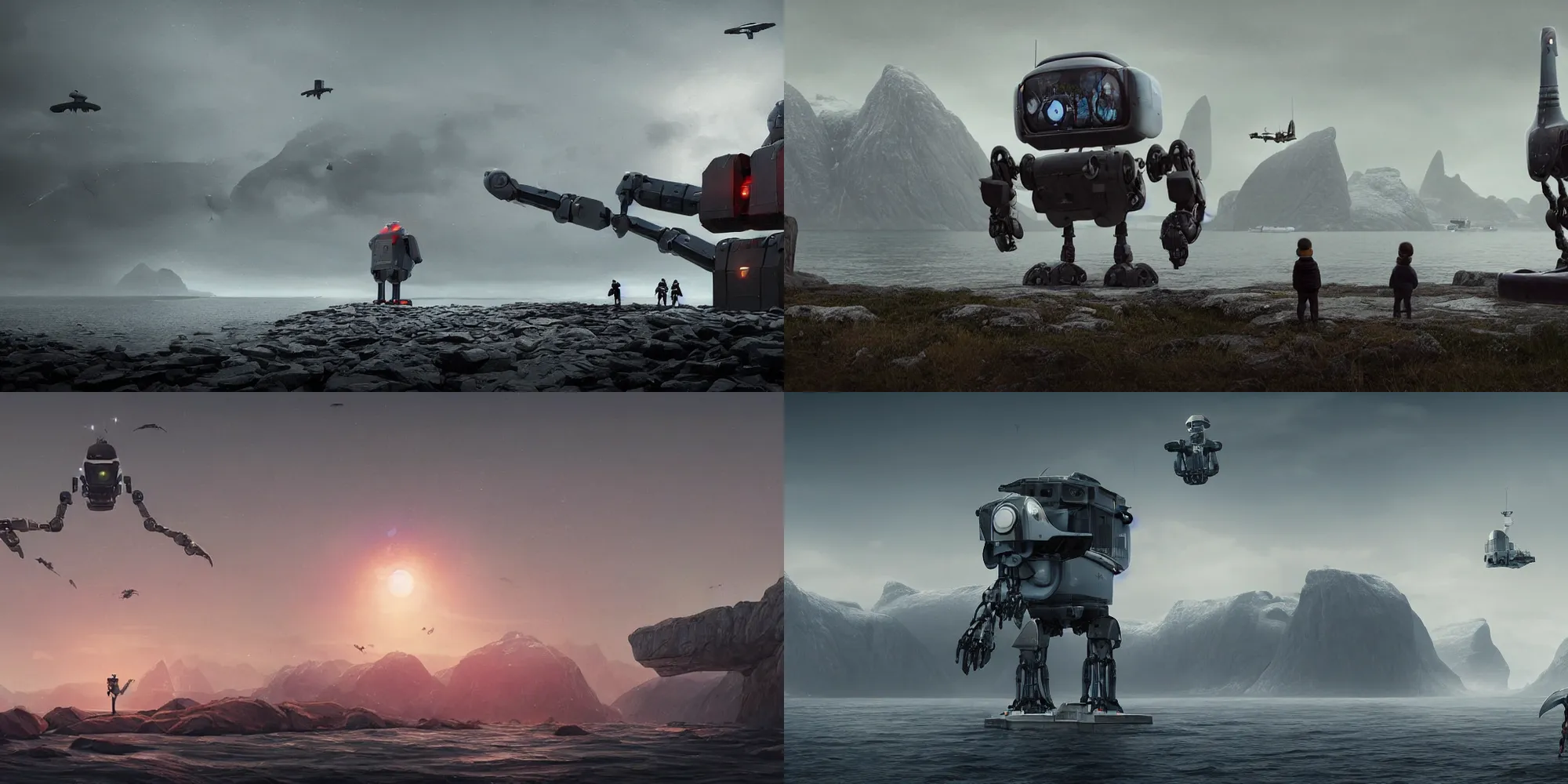 Prompt: By the coast of Nordland, Norway, a large flying robot is on the hunt in the distance while a child watches with wonder, extremely detailed high-resolution dystopian sci-fi digital art in the style of Simon Stalenhag, unreal engine, constructivism, H. R. Giger, featured on Artstation