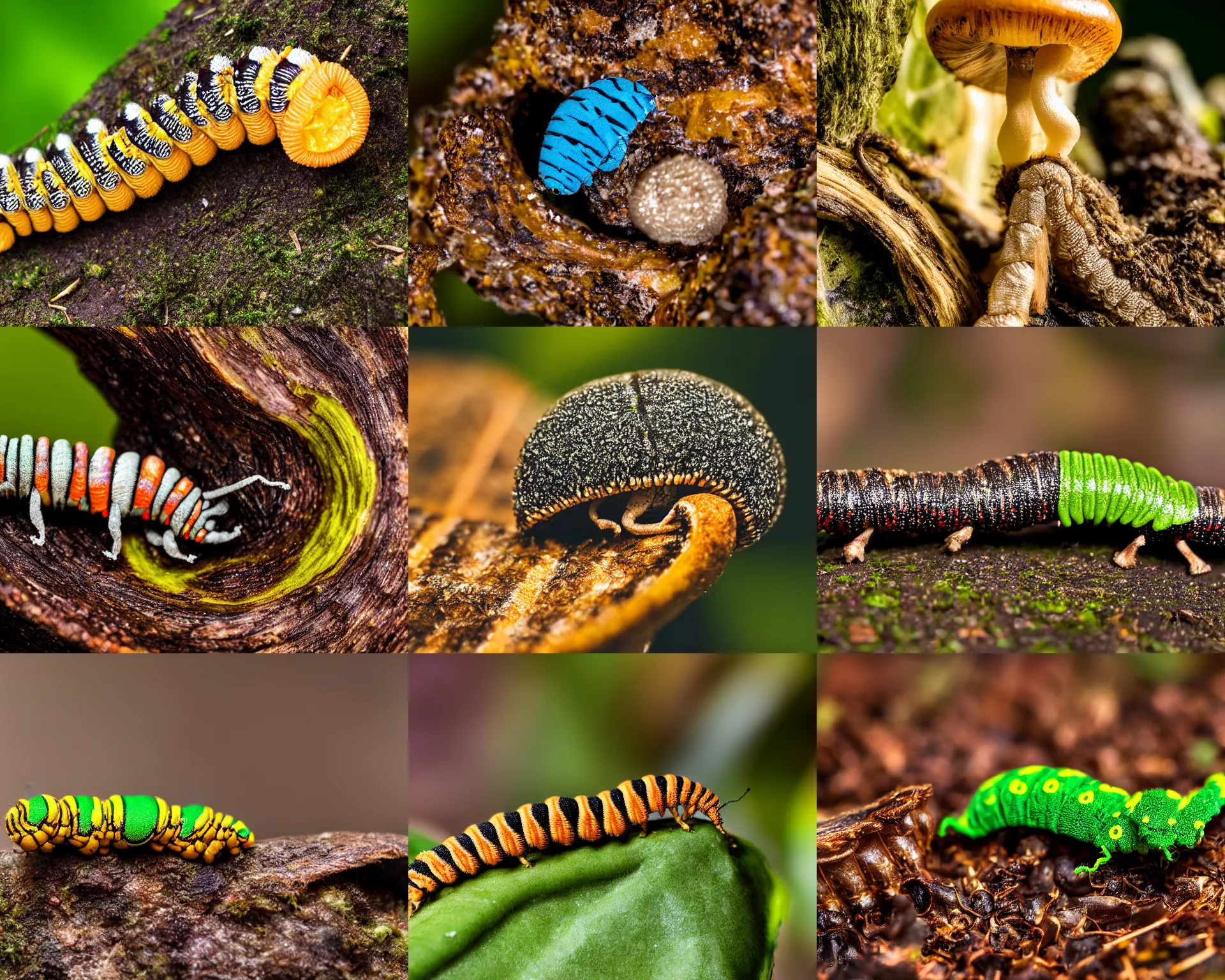 Prompt: Macro photograph of a caterpillar crawling on a glowing mushroom, detailed 8k, rainforest