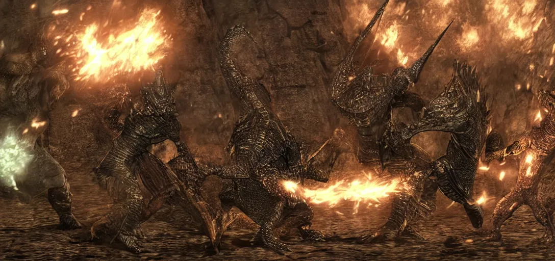 Image similar to lizards in dark souls armor battling a boss