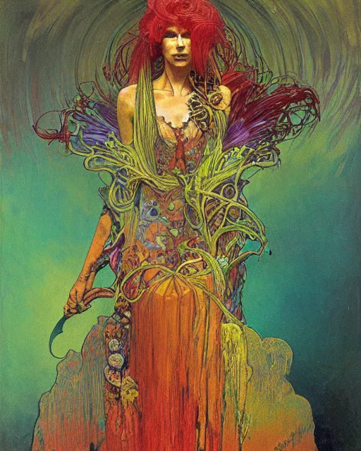 Image similar to rainbow flowerpunk portrait of a fierce old matriarch by paul lehr, beksinski, alphonse mucha