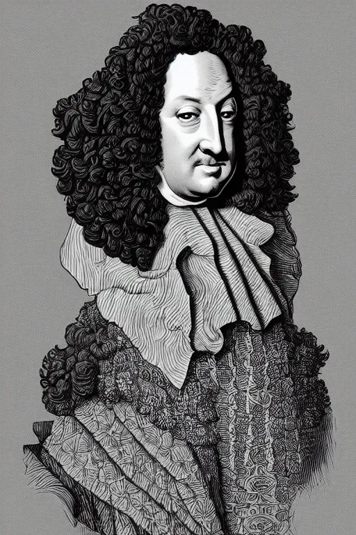 Image similar to portrait of Louis xiv in the style of Rob Lefield and Dan Mumford , trending on artstation, digital art, surrealism, macro, blueprint, vaporwave