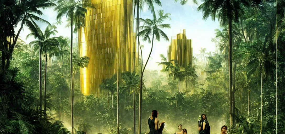 Image similar to futuristic shinny golden building in an jungle landscape of a biopunk city by bouguereau, movie poster, film still