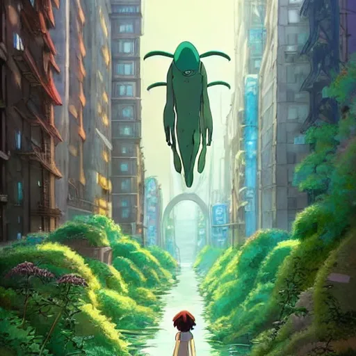 Image similar to a beautiful movie still in the style of Studio Ghibli anime showing a giant alien creature flying through a post-apocalyptic New York City overrun with vegetation. Studio Ghibli, trending on artstation, trending on behance