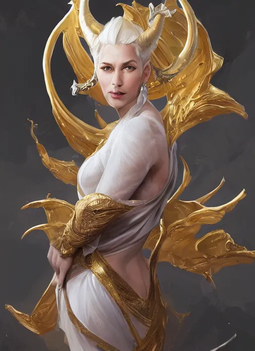 Image similar to fullbody!! dynamic movement pose, beautiful woman with white hair, big natural horns on her head, gold jewellery, dnd, face, fantasy, intricate, elegant, highly detailed, digital painting, artstation, concept art, smooth, sharp focus, illustration, art by artgerm and greg rutkowski and alphonse mucha