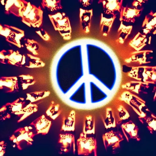 Prompt: a mob carrying torches in the shape of a peace sign, photography, highly detailed, high quality, 8 k, soft lighting,