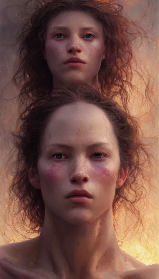 Prompt: epic masterpiece portrait firestarter, sweaty skin, hyperrealistic, octane render, cinematic, beautiful face and flawless skin, perfect hands, 5 fingers, by Edgar Maxence and Ross Tran and Michael Whelan, Legends of Runeterra