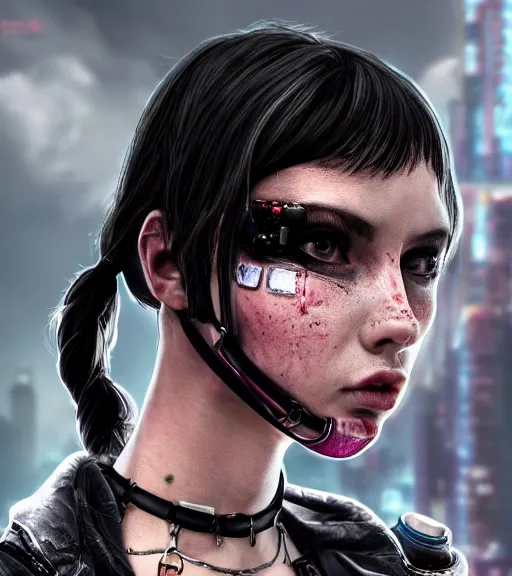 Image similar to detailed realistic female character cyberpunk wearing thick steel collar around neck, realistic, art, beautiful, 4K, collar, choker, collar around neck, punk, artstation, detailed, female, woman, choker, cyberpunk, neon, punk, collar, choker, collar around neck, thick collar, tight around neck, punk, choker, hyperrealistic, realistic, female, punk female,