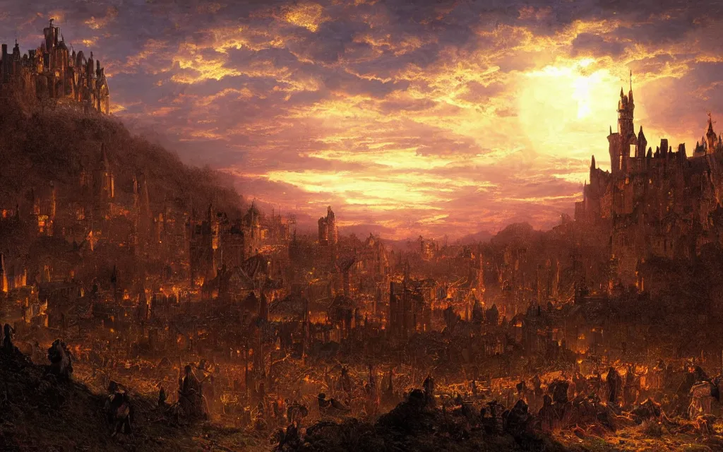 Prompt: large sprawling medieval city, steampunk, sunset in the distance, castle on a hill, cinematic lighting, intricate ink illustration, by albert bierstadt