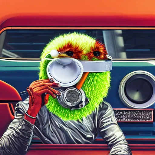 Image similar to a portrait of an anthropomorphic tennis ball monster by sandra chevrier, detailed render, tape deck, boombox, headphones, epic composition, cybernetics, 4 k realistic, cryengine, realistic shaded lighting, sharp focus, masterpiece, by matteo scalera, gary montalbano, peter elson in the style of the tokyo ghost comic