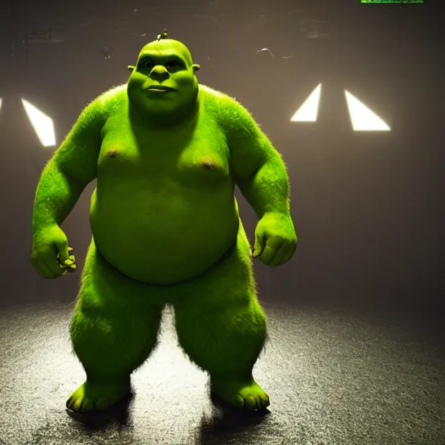 Image similar to ultra shrek performing on his yeezus tour, dark cinematic, volumetric, realistic, 3 d render, cinematic lighting, ray tracing, cinematic, unreal engine 5, unreal engine render, octane render, hyper realistic, photo, 8 k