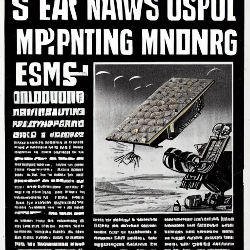 Prompt: old newspaper advertisement for asteroid mining equipment