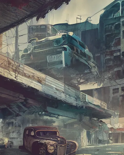 Image similar to fallout 5, tropical coastal city, desolate, dilapidated, abandoned retro futuristic vintage car and truck, buses, illustration, perfectly shaded, oft painting, art by krenz cushart and wenjun lin