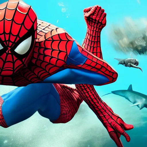 a portrait of Spiderman punching a shark on the snout