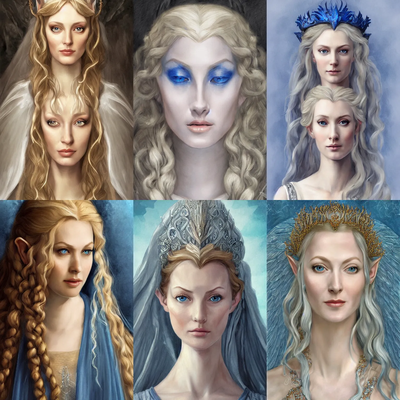 Prompt: portrait, headshot, digital painting, of elven queen Galadriel, beautiful, tall, white dress, fair curly hair, blue eyes, realistic, hyperdetailed, chiaroscuro, concept art, art by artemisia gentileschi